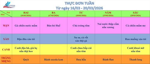 Kính gửi quý thầy cô, quý cha mẹ học sinh thực đơn bán trú (từ ngày 16/03/2026 đến ngày 20/03/2026)