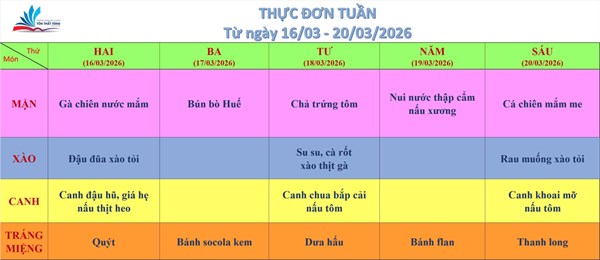 Kính gửi quý thầy cô, quý cha mẹ học sinh thực đơn bán trú (từ ngày 16/03/2026 đến ngày 20/03/2026)