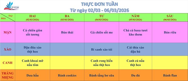 Kính gửi quý thầy cô, quý cha mẹ học sinh thực đơn bán trú (từ ngày 02/03/2026 đến ngày 06/03/2026)