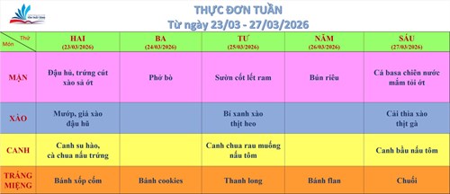 Kính gửi quý thầy cô, quý cha mẹ học sinh thực đơn bán trú (từ ngày 23/03/2026 đến ngày 27/03/2026)