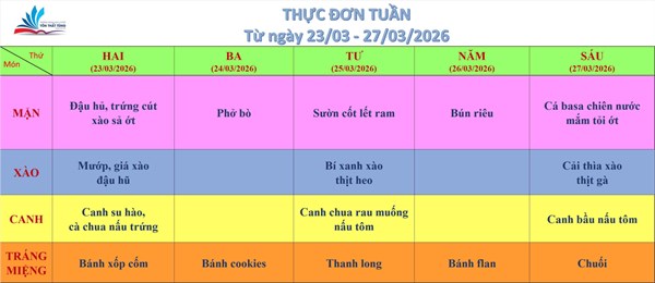 Kính gửi quý thầy cô, quý cha mẹ học sinh thực đơn bán trú (từ ngày 23/03/2026 đến ngày 27/03/2026)