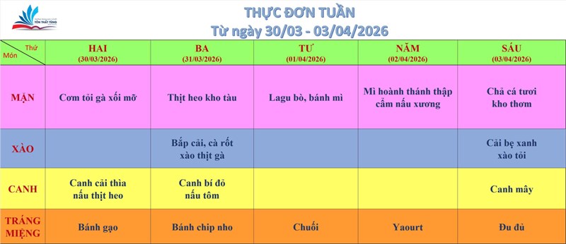 Kính gửi quý thầy cô, quý cha mẹ học sinh thực đơn bán trú (từ ngày 23/03/2026 đến ngày 27/03/2026)