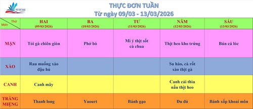 Kính gửi quý thầy cô, quý cha mẹ học sinh thực đơn bán trú (từ ngày 09/03/2026 đến ngày 13/03/2026)