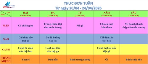 Kính gửi quý thầy cô, quý cha mẹ học sinh thực đơn bán trú (từ ngày 20/04/2026 đến ngày 24/04/2026)