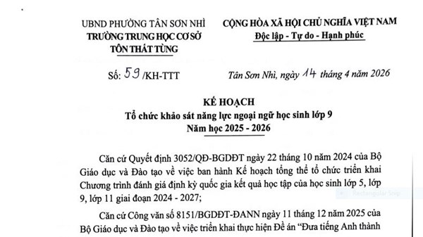 Kế hoạch Tổ chức khảo sát năng lực ngoại ngữ học sinh lớp 9, năm học 2025 - 2026