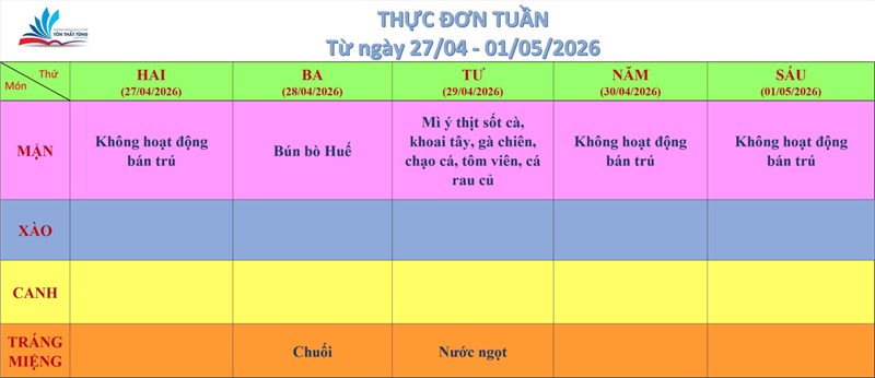 Kính gửi quý thầy cô, quý cha mẹ học sinh thực đơn bán trú (từ ngày 27/04/2026 đến ngày 01/05/2026)