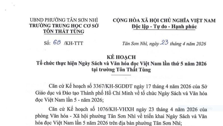 Kế hoạch Tổ chức thực hiện Ngày Sách và Văn hóa đọc Việt Nam lần thứ 5 năm 2026 tại trường Tôn Thất Tùng