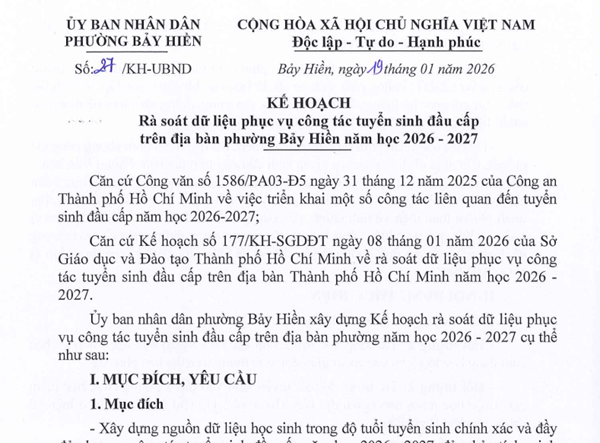 Kế hoạch số 27/KH-UBND ngày 19 tháng 01 năm 2026 của UBND phường Bảy Hiền về rà soát dữ liệu phục vụ công tác tuyển sinh đầu cấp trên địa bàn Phường Bảy Hiền năm học 2026-2027