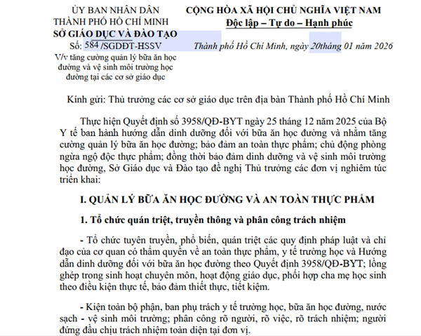 Công văn số 584/SGDĐT-HSSV ngày 20/01/2026 của Sở GDĐT về tăng cường quản lý bữa ăn học đường và vệ sinh môi trường học đường tại các cơ sở giáo dục.