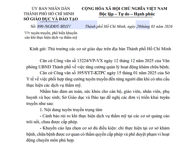 Công văn số 890/SGDĐT-HSSV ngày 28 tháng 01 năm 2026 của Sở Giáo dục và Đào tạo về tuyên truyền, phổ biến khuyến cáo khi thực hiện dịch vụ thẩm mỹ