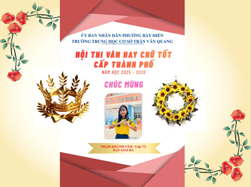 Chúc mừng em Phạm Khánh Tâm đạt giải 3 Hội thi  Văn hay chữ tốt cấp Thành phố  năm học 2025-2026