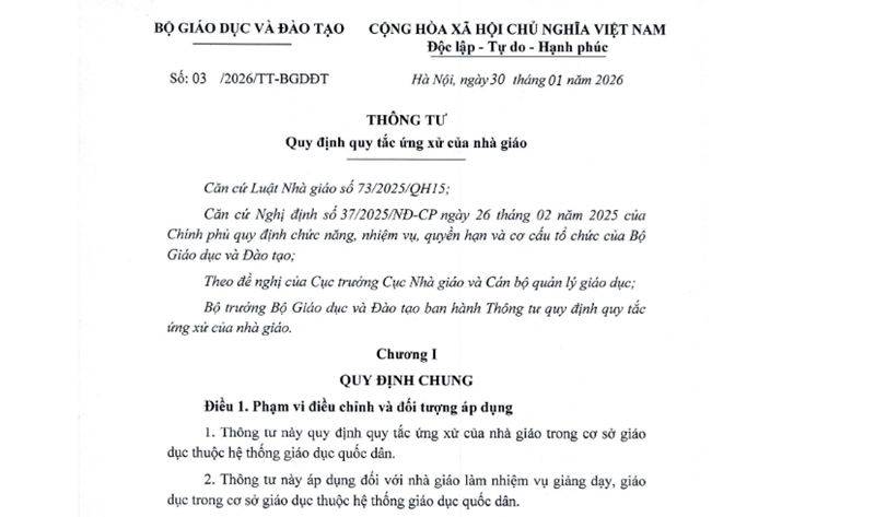 Thông tư số 03/2026/TT-BGDÐT ngày 30 tháng 01 năm 2026 của Bộ Giáo dục và Đào tạo về quy định quy tắc ứng xử của nhà giáo