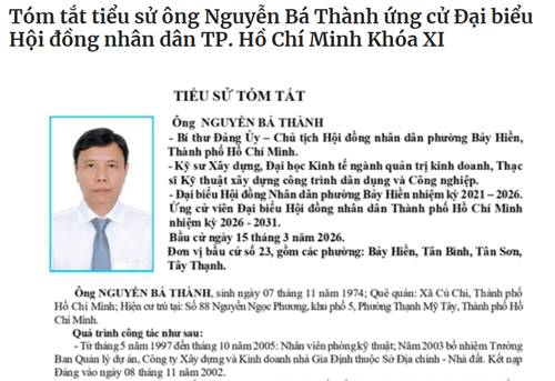 Tóm tắt tiểu sử ông Nguyễn Bá Thành ứng cử Đại biểu Hội đồng nhân dân TP. Hồ Chí Minh Khóa XI