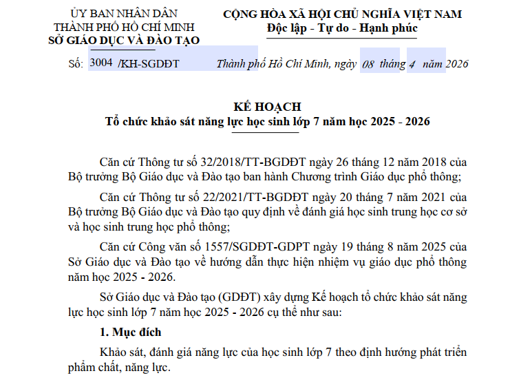 Về kế hoạch tổ chức khảo sát năng lực học sinh lớp 7 năm học 2025-2026