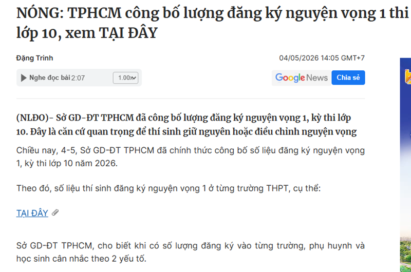 (NLĐO)- Sở GD-ĐT TPHCM đã công bố lượng đăng ký nguyện vọng 1, kỳ thi lớp 10. Đây là căn cứ quan trọng để thí sinh giữ nguyên hoặc điều chỉnh nguyện vọng