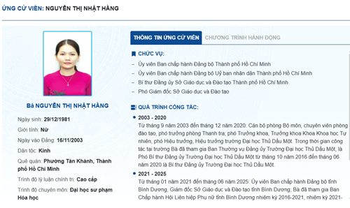 Thông tin ứng cử đại biểu Hội đồng nhân dân Thành phố Hồ Chí Minh, nhiệm kỳ 2026-2031: Bà Nguyễn Thị Nhật Hằng - Ủy viên Ban Chấp hành Đảng bộ Thành phố Hồ Chí Minh, Bí thư Đảng ủy Sở, Phó Giám đốc Sở Giáo dục và Đào tạo Thành phố Hồ Chí Minh.