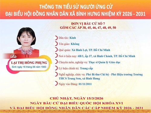 Bà LẠI THỊ HỒNG PHỤNG được Ủy ban Mặt trận Tổ quốc Việt Nam xã Bình Hưng giới thiệu ứng cử Đại biểu Hội đồng nhân dân xã Bình Hưng nhiệm kỳ 2026 - 2031, đơn vị bầu cử số 7: Gồm các ấp 38, 45, 46, 47, 48, 49, 50.