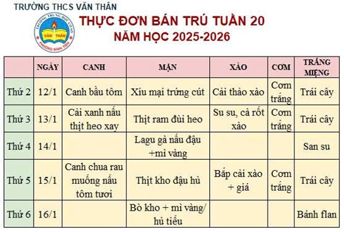 Thực đơn bán trú Tuần 20 NH 2025-2026