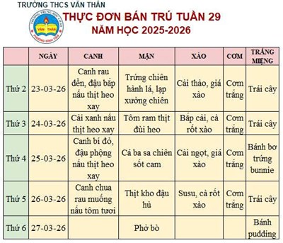 Thực đơn bán trú Tuần 29 NH 2025-2026