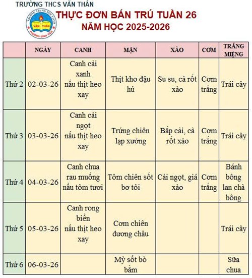 Thực đơn bán trú Tuần 26 NH 2025-2026
