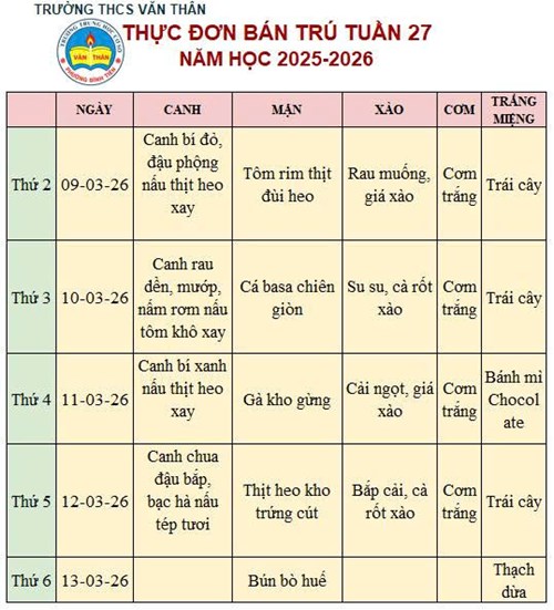 Thực đơn bán trú Tuần 27 NH 2025-2026