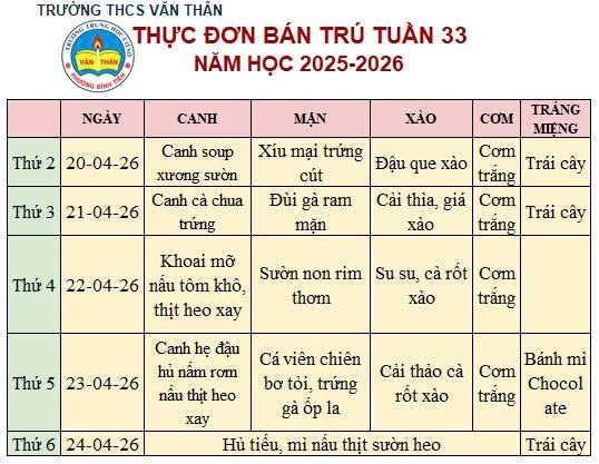 Thực đơn bán trú Tuần 33 NH 2025-2026