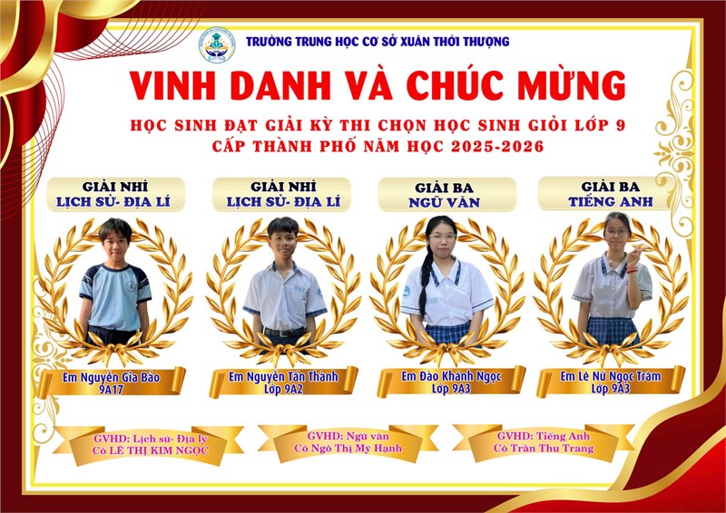 Trường THCS vinh danh các em học sinh đã đạt thành tích cao trong Kỳ thi chọn Học sinh giỏi Khối 9 cấp Thành phố năm học 2025-2026
